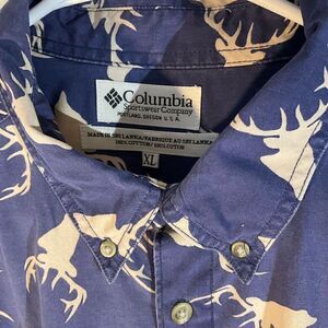 Columbia Buck 100% Cotton Button Down, XL Blue Christmas holidays hannuka deer